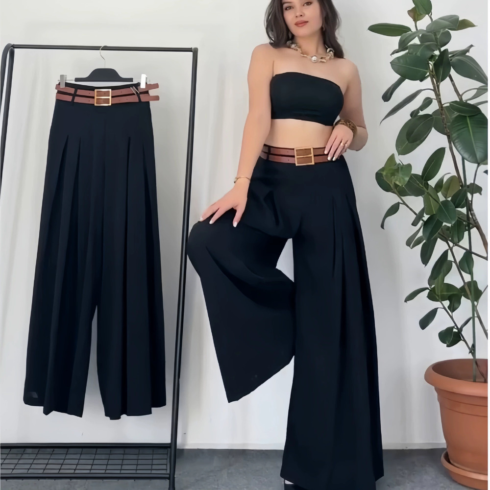 Forever 21 Fashionable High-Waist Wide-Leg Pants Elastic Back Waist Casual